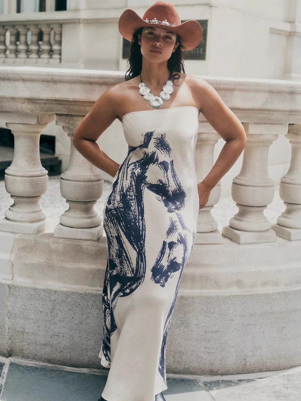 ZARA Womens Digital Print Strapless Sleeveless Zipper Long Dress